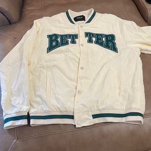 Men lettee graphic striped trim drop shoulder varsity jacket- NEVER WORN. NWOT